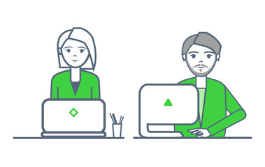 Smart businessman woman by laptop team working together vector. Professionals and experts in business area. Executive male and female collaboration