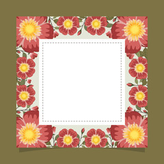 Floral greeting card and invitation template for wedding or birthday, Vector square shape of text box label and frame, Red rosa gallica flowers wreath ivy style with branch and leaves.