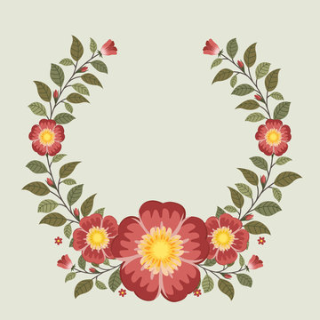 Floral greeting card and invitation template for wedding or birthday, Vector circle shape of text box label and frame, Red rosa gallica flowers wreath ivy style with branch and leaves.