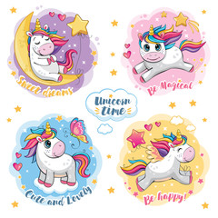 Set of cute funny unicorns. Cartoon and fabulous illustration with beautiful little pony, butterfly, star, moon and heart. Stickers with motivating text. Poster for friends, family. Wonderland. Vector © penochka1