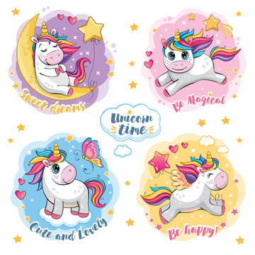 Set of cute funny unicorns. Cartoon and fabulous illustration with beautiful little pony, butterfly, star, moon and heart. Stickers with motivating text. Poster for friends, family. Wonderland. Vector