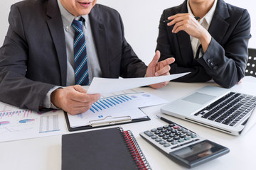 Business team partner meeting working and negotiation analyzing with financial data and marketing growth report graph presentation in team, Meeting Talking Brainstorming Communication Concept