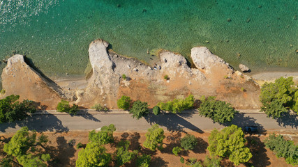 Aerial drone photo of picturesque rocky coves in Kentri area with emerald clear sea, Galaxidi picturesque village, Fokida, Greece