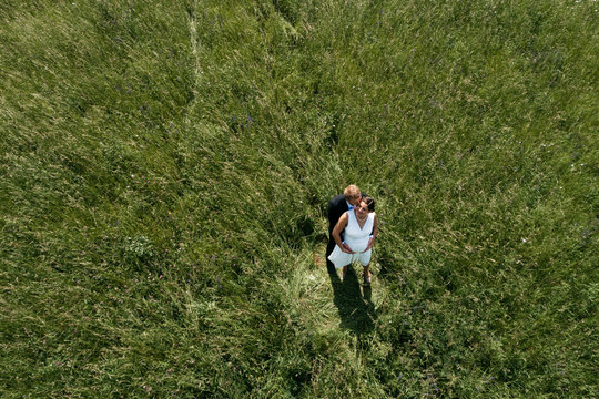 Aerial view of pregnant bride with her husband on a meadow