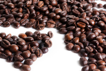 Coffee beans in heart shape white background