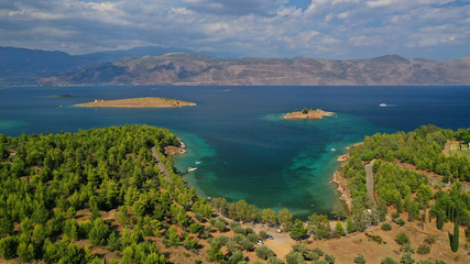 Fototapeta na wymiar Aerial drone photo of famous seaside area and forest of Kentri in picturesque village and port of Galaxidi, Fokida, Greece