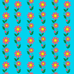 On a blue background, pink flowers with green leaves.