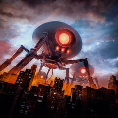 The eve of invasion / 3D illustration of retro science fiction scene with giant alien machines attacking city © grandeduc