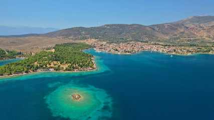 Obraz premium Aerial drone photo from picturesque seaside fishing village and port of historic Galaxidi, Fokida, Greece