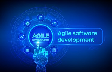 Agile software development methodology concept on virtual screen. Digital technology, big data concept. Flexible developing process. Robotic hand touching digital interface. Vector illustration.
