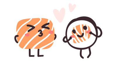 Hand drawn illustration sea food emoticon. Creative ink art work Asian dinner. Actual vector drawing sushi roll emoji