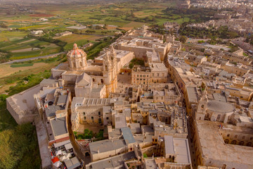 Old castle Mdina cathedral city, Malta. Aerial top view