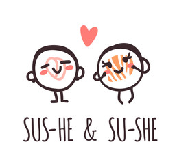 Hand drawn illustration sea food emoticon and quote. Creative ink art work Asian dinner. Actual vector drawing sushi roll emoji and text