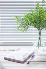 Sprigs with green leaves in a glass vase