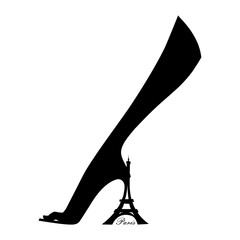 Elegant female foot in shoes with а heel in the form of the Eiffel Tower. Paris. Line graphics. Vector illustration. Isolated on a white background