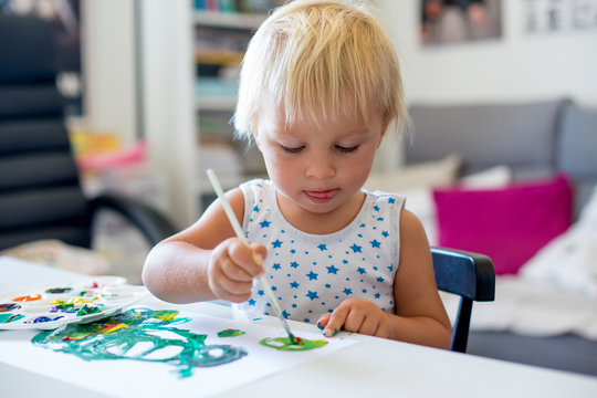 Little Toddler Boy, Painting At Home, Learning Coordination Of Moves