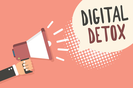 Conceptual hand writing showing Digital Detox. Business photo showcasing Free of Electronic Devices Disconnect to Reconnect Unplugged Man holding megaphone speech bubble pink background halftone