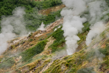 Valley of Geysers in Kronotsky Nature Reserve. Geyser field on Kamchatka Peninsula, Russia. Slope...