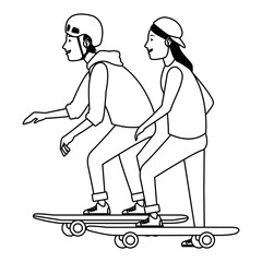 Couple on skateboards extreme sport cartoon in black and white