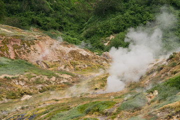 Valley of Geysers in Kronotsky Nature Reserve. Geyser field on Kamchatka Peninsula, Russia. Slope...
