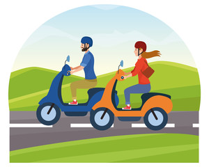 Fototapeta na wymiar People riding scooters motorcycles cartoon