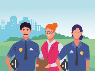 Professionals workers characters smiling cartoons