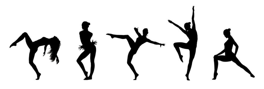 Collage Of Dancer's Black Silhouettes Isolated On White