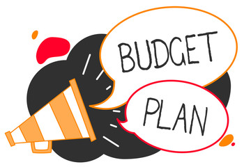 Handwriting text writing Budget Plan. Concept meaning financial schedule for a defined period of time usually year Megaphone loudspeaker speech bubbles important message speaking out loud