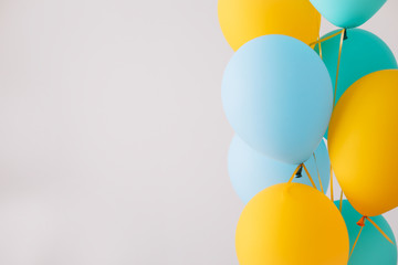 Colorful balloons. Festive or party background. Birthday greeting card. Concept of happiness, joy, birthday. Copy Space 