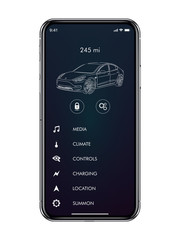 Smart car control app mobile interface vector template. Smartphone application page design layout. Autonomous remote controller flat gradient UI screen. Vehicle feature, settings phone display