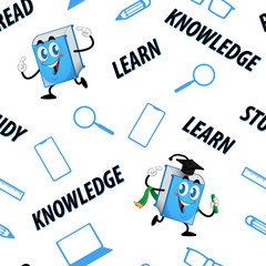 Funny Book Cartoon Character wearing graduation clothes seamless pattern Vector