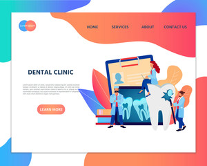 Web page template of online dental clinic. Modern flat design concept of web page design for website.  Oral hygiene stomatology medicine. Vector illustration