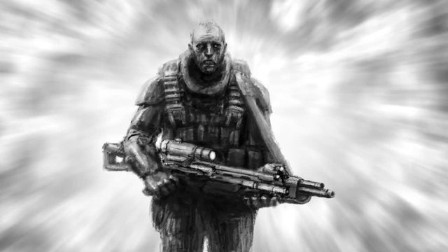 Lonely soldier running into the smoke with a heavy gun. Vj looped animation in science fiction genre. Black and white color.