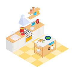 Colorful warm isometric kitchen on white. Vector illustration in flat design, isolated.