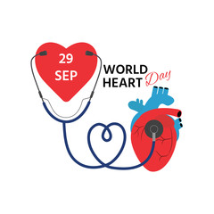 Vector illustration, poster, banner  World Heart Day  29 September. Health care concept with heart and stethoscope.