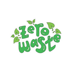 Zero waste  logo design template. Handwritten text title sign with green eco leaves. Waste management concept isolated illustration on white background