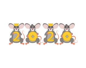 Concept image of symbol chinese happy new year 2020. Metal rat.  Vector  illustration can use for calendar,  greeting card, banner, poster. Cute  mice.