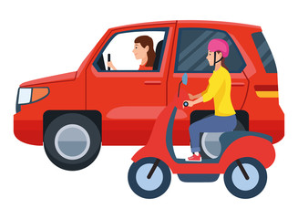 Vehicle and motorcycle with drivers riding