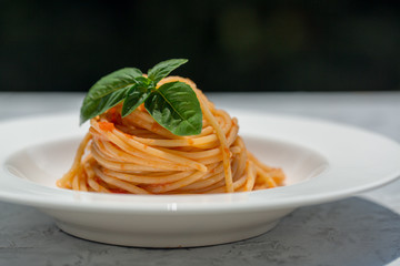 Spaghetti with tomato sauce and basil leaves