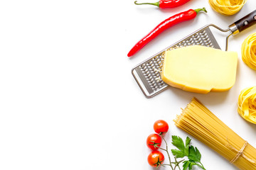 ingredients for cooking paste white background top view mock up