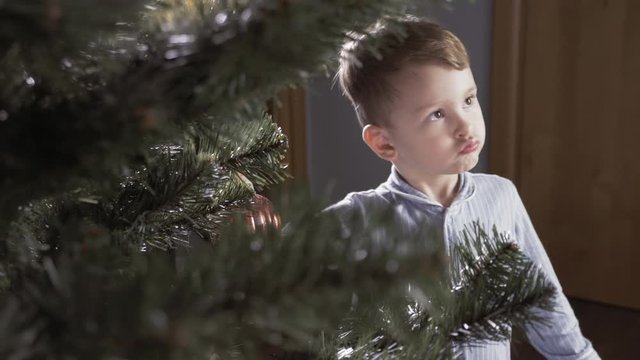 Boy decorate a Christmas tree