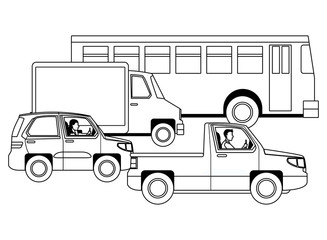 People driving vehicles in the traffic in black and white