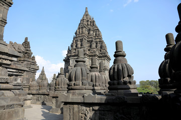 Fototapeta na wymiar Jogjakarta, Indonesia - June 23, 2018: View of the Hindu temple complex of Prambanan, near Jogjakarta
