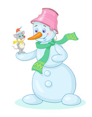 Big funny snowman with a little mouse in red cap on his hand.  In cartoon style. Isolated on a white background.