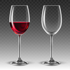 Two transparent glasses for wine, one of which is half filled with red wine. 3D vector. High detailed realistic illustration.
