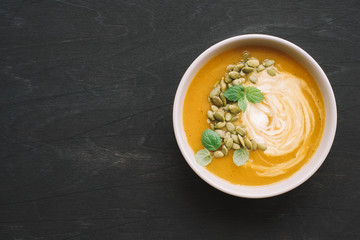 Pumpkin cream soup in bowl
