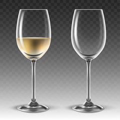 Two transparent glasses for wine, one of which is half filled with white wine. 3D vector. High detailed realistic illustration.
