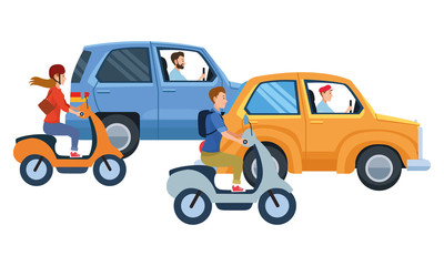 Vehicles and motorcycles with drivers riding