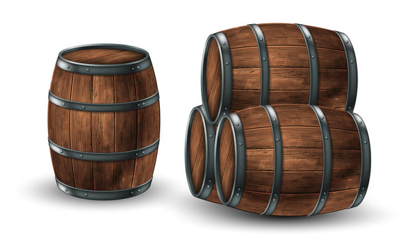 Four wooden barrels for wine or other drinks, studded with iron rings on a white background. 3D vector. High detailed realistic illustration.