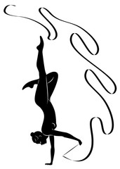 Rhythmic gymnastics. Silhouette of a girl with a ribbon. Beautiful gymnast. The woman is slim and young. Vector illustration.